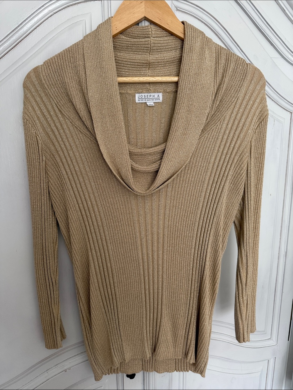 Joseph A. Shimmer Ribbed Knit Gold Cowl Neck Sweater Women's Size L Holiday Date - Picture 1 of 10